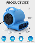 Industrial Air Mover Fan For Water Damage Restoration And Carpet Drying, 1/2 HP, 2800 CFM, blue heavy duty floor dryer with dimensions
