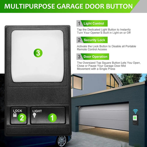 Wall Mount Garage Door Control Panel Switch For Plug And Play Opener Setup showing light, lock, and door operation features