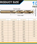 Top Notch Jobber Drill Bit Set With Gold Finish, 10mm High Speed Steel Bit Kit For Metal Wood And Plastic, 1mm To 10mm Sizes With 135 Split Point Drills, size chart