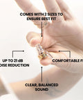 Hand holding High Fidelity Earplugs For Concerts And Festivals Reusable Nightlife Ear Protection with labels of features.