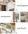 Farmhouse Mobile Kitchen Island Cart With Slick Rolling Lockable Casters And Front Glass Cabinet showing towel rail, spice rack, and large drawer.