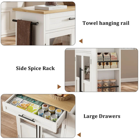 Farmhouse Mobile Kitchen Island Cart With Slick Rolling Lockable Casters And Front Glass Cabinet showing towel rail, spice rack, and large drawer.