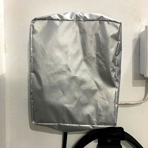 Hella Weatherproof EV Charger Station Protector Box crafted from heavy duty oxford cloth, 32cm by 20cm by 40cm, installed on wall.