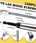 Heavy Duty Zinc Plated Eye Lag Wood Screws paired with a quick install driver bit kit showing screws and sizes.