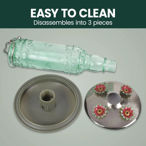 Disassembled view of Glass Bottle Hummingbird Feeder With Antique Green Finish, Four Flower Ports And Perches, 10 Fl Oz Nectar Capacity