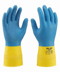 Heavy Duty 20 Mil Neoprene Latex Blend Work Gloves With Knockout Non Slip Palm Grip And Cozy Cotton Flock Lining For Tough As Nails Industrial Jobs And Reliable Chemical Safety Handling Large, blue gloves with yellow cuffs.