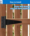 8 Inch T Strap Heavy Duty Shed Door Hinges Black Tee Hinge for Wooden Fences with screws, shown installed on gate