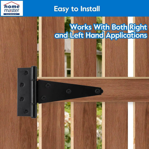 8 Inch T Strap Heavy Duty Shed Door Hinges Black Tee Hinge for Wooden Fences with screws, shown installed on gate