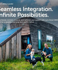 Family enjoying outdoor space near a wooden cabin with solar panels and lithium battery management system for RV use.