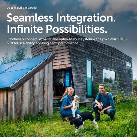 Family enjoying outdoor space near a wooden cabin with solar panels and lithium battery management system for RV use.