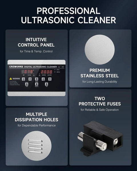 30L Ultrasonic Cleaner With Degas Mode And 600W Heater 40 KHz Power featuring control panel, stainless steel, fuses, and dissipation holes.
