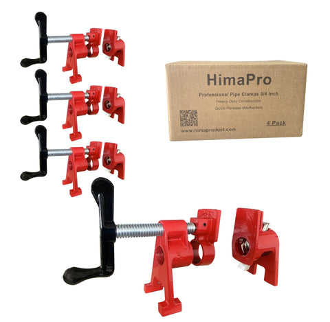 Versatile 4 Pack Three Quarter Inch H Style Pipe Clamp Set With Quick Release For Woodworking Carpentry Home Improvement And DIY Projects Built For Stable Heavy Duty Clamping pictured with packaging.