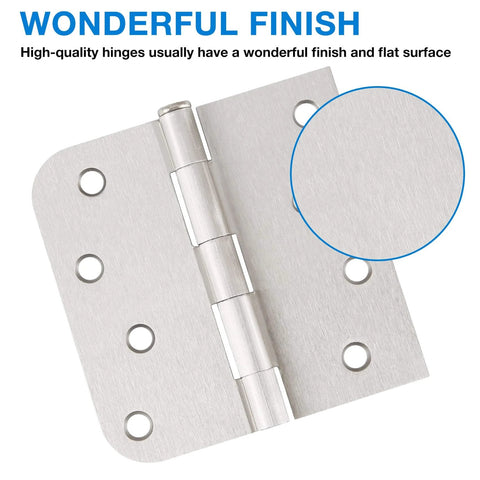 Close-up of 3 Pack 4 Inch Satin Nickel Door Hinges for interior and exterior doors with square rounded corners, showing hinge finish.