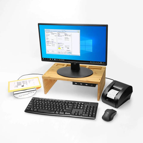 Rugged Metal 4 Port USB 2.0 Powered Hub For Industrial Use connected to monitor under wooden stand with mouse and keyboard