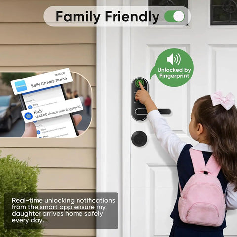 Child using Smart Lock With Fingerprint And Code Access For Keyless Entry, Biometric Door Handle With WiFi Gateway Included
