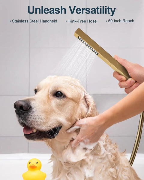 A hand uses the GRANDJOY 23" LED Shower System with Handheld Spray, Brushed Gold to wash a golden retriever.