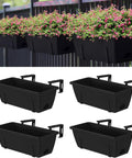 Heavy Duty Black Balcony Rail Planters 16.9 Inch Deck Flower Boxes with plants shown on fencing and empty boxes for mounting.