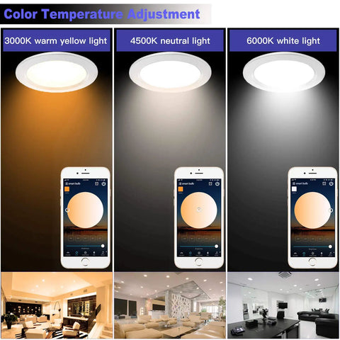4 Inch Smart LED Recessed Downlight Kit With 9W E26 Base, color temperature adjustment 3000K 4500K 6000K, Bluetooth control