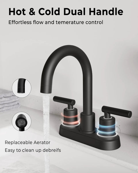 4 Inch Centerset Bathroom Faucet With Two Handles, No Leak Modern Black Lavatory Vanity Faucet, 360 Degree Rotating Spout