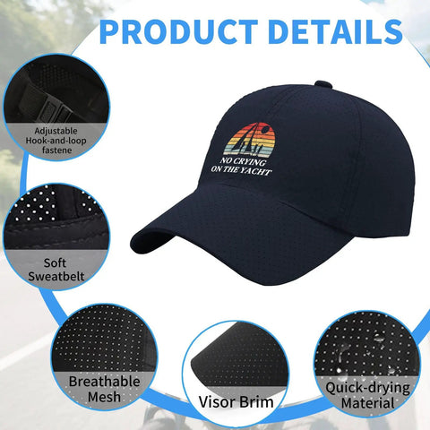 Navy Mens Breathable Summer Cap With Top Vent Holes, Adjustable Strap, features breathable mesh and soft sweatband details.