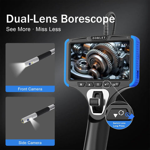 Dual Lens Two Way Articulating Borescope Camera With Light 5 Inch Endoscope Inspection Camera Slim 0.25 Inch Probe Waterproof 5 Foot Snake Camera For Automotive Mechanics And Engine Inspections. handheld screen with front and side camera view