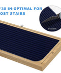 Non Slip Stair Treads 8x30 Inches 15 Pack Navy Blue with Reusable Adhesive Indoor Rug Runners shown cuttable on wooden step