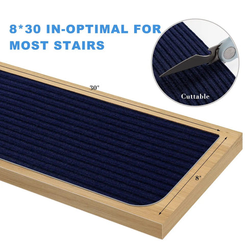 Non Slip Stair Treads 8x30 Inches 15 Pack Navy Blue with Reusable Adhesive Indoor Rug Runners shown cuttable on wooden step