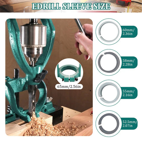 DIY Friendly Bench Drill Locator Set For Woodworking Mortiser Square Hole Drill Guide Kit demonstrating sleeve sizes in use