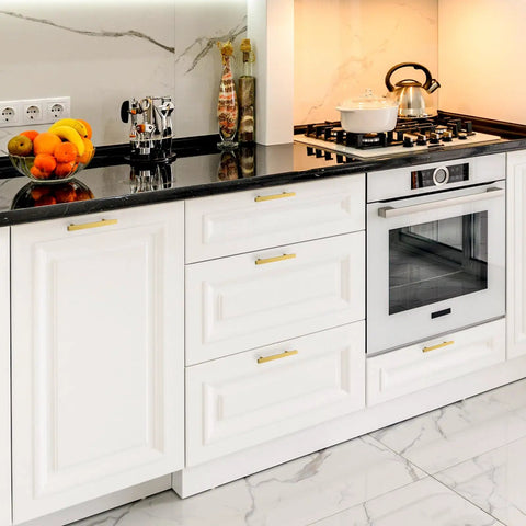 Top Tier Brushed Brass Cabinet Pulls Square Face Design 4 Inch Centers With Solid Mounting Hardware To Guss Up Your Favorite Kitchen Space 30 Hardware Set on white kitchen cabinets with marble countertop.