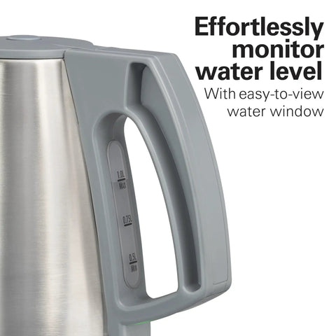 1 Liter Electric Kettle With 1500 Watt Fast Boil, Cordless Water Heater, BPA Free Interior, featuring water level window and stainless steel body