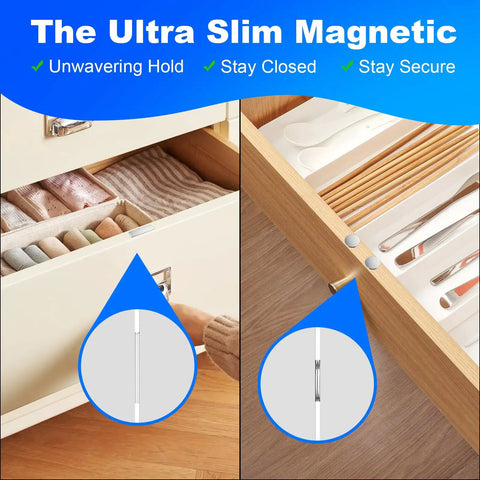 Image showing Ultra Thin Magnetic Cabinet Door Catch Set, Eight Pack With Rectangle and Round Magnets, installed in kitchen cabinets.