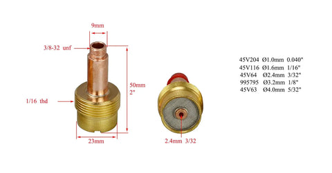Pro TIG Gas Lens Collet Bodies Kit 2.4mm 3/32 copper body with 45V64 size for SR WP 17 18 26 TIG Welding Torch