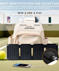 10W Foldable Solar Charger With USB A Output For On-The-Go Power, IP67 Waterproof Folding Panel next to backpack and charging device.