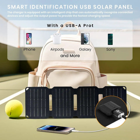 10W Foldable Solar Charger With USB A Output For On-The-Go Power, IP67 Waterproof Folding Panel next to backpack and charging device.