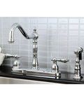 Heritage 8 Inch Centerset Kitchen Faucet With Solid Brass Construction And Polished Chrome Finish Four Hole Deck Mount 1.8 GPM Flow Rate Old School Vintage Look Dual Handle Tap For Classic Kitchens featuring Victorian design against tile wall.