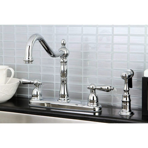 Heritage 8 Inch Centerset Kitchen Faucet With Solid Brass Construction And Polished Chrome Finish Four Hole Deck Mount 1.8 GPM Flow Rate Old School Vintage Look Dual Handle Tap For Classic Kitchens featuring Victorian design against tile wall.