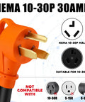 NEMA 10-30P 30AMP male plug for Heavy Duty 20 Foot Nema 10 30P To 14 50R Ev Charger Adapter Cord, showcasing gold prongs.