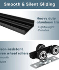 Heavy Duty Bypass Door Hardware With Finger Pulls, Aluminum Sliding Closet Door Track For Two Door System, Quiet And Smooth Operation, Fits 1 3 8 Inch Or 1 3 4 Inch Doors, Easy To Install, Black Finish, showing black aluminum track and tri-wheel rollers.