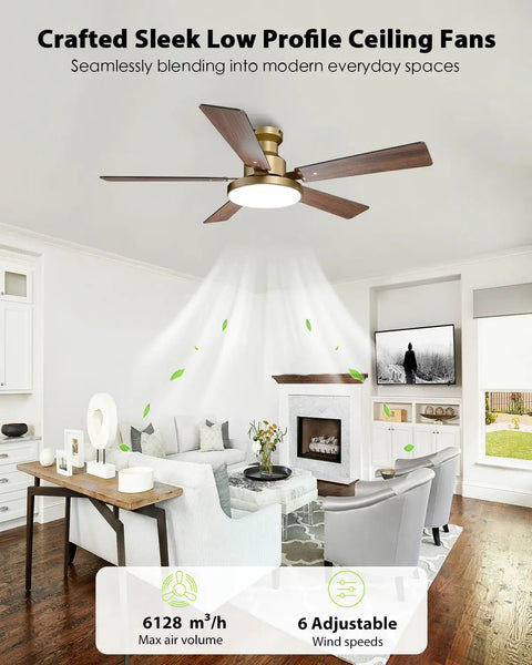 Straight Up Stunning 52 Inch Low Profile Gold Ceiling Fan With Huge LED Light Panel Plus Smart App Remote Control in a modern living space.