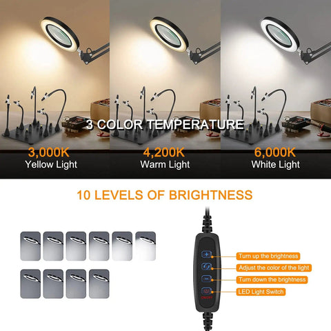 Soldering Desk Magnifier With Heavy Duty Base Adjustable Swivel Arm 5 Diopter Real Glass Lens Three Color LED Modes display