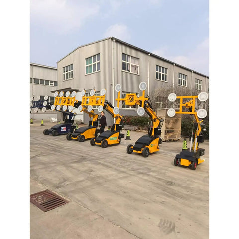 Heavy Duty Electric Glass Vacuum Lifter Built Different For Slick Hydraulic Power and Zero Hustle Mobile Handling, multiple units outdoors.