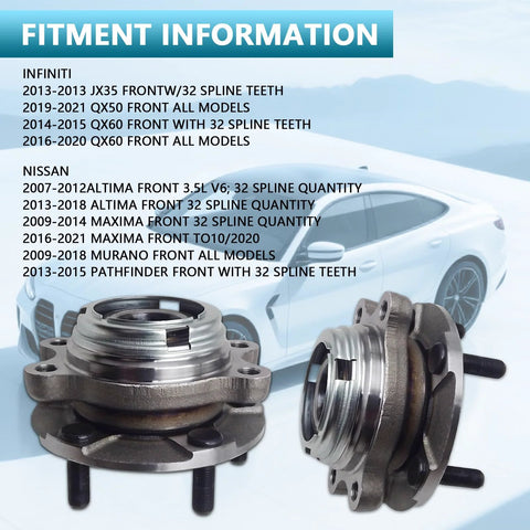Two Pack 513296 Front Wheel Hub And Bearing Assemblies For 2007-2021 Nissan Infiniti with ABS displayed with fitment details