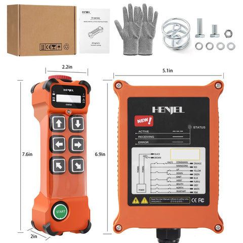 6 Channel 12 To 65V Industrial Wireless Crane Remote Control With 100 Meter Range, transmitter and receiver, gloves, and mounting kit