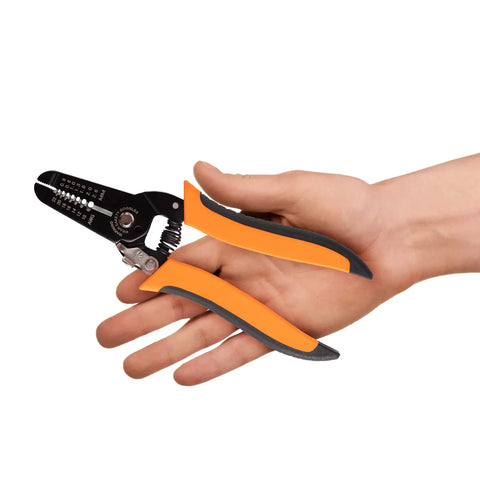 Hand holding Pro Grade All In One Wire Stripper And Cutter For Solid And Stranded Wires 22 To 10 AWG with ergonomic grip