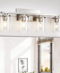 Brushed Nickel Vanity Light Fixtures For Modern Bathrooms With Clear Glass Shades Four Light E26 Standard Socket Sleek Minimalist Design Rustproof Metal Construction Easy Install For A Dope Home Upgrade