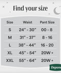 Size chart for Night Defense Adult Incontinence Underwear For Women, Overnight Maximum Absorbency Disposable Diapers, Medium, Blush, 15 Count