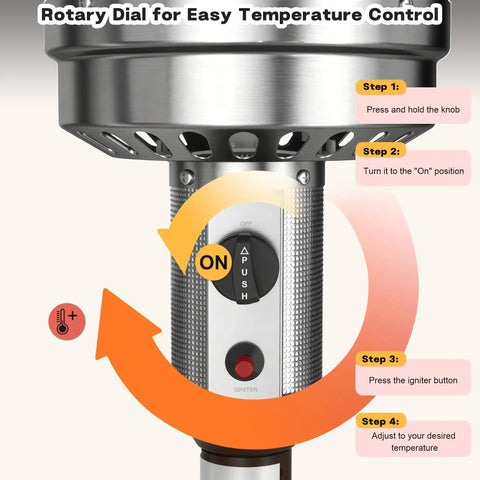 50,000 BTU Propane Patio Heater With Sand Box, Backyard Ready, featuring rotary dial and ignition controls for easy temperature adjustment