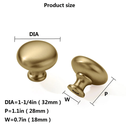 Six Pack One And One Quarter Inch Champagne Bronze Zinc Alloy Cabinet Knobs with dimensions shown in satin brass finish