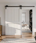 Bypass Sliding Barn Door Hardware Kit With Single Track System In Frosted Black Carbon Steel Easy Install Hanger Set shown installed