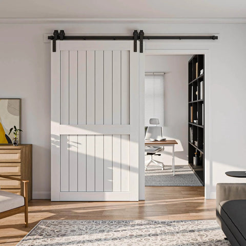 Bypass Sliding Barn Door Hardware Kit, Single Track System with white door, carbon steel frosted black finish, installed in living room